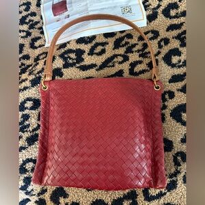 vintage Bottega Veneta Intrecciato Red leather Shoulder Bag with Tan Handle